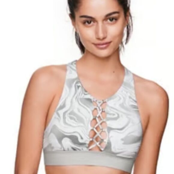 White Gray Marble Lace-Up Bralette Sports Bra Pink Victorias Secret Small Women - Picture 16 of 16